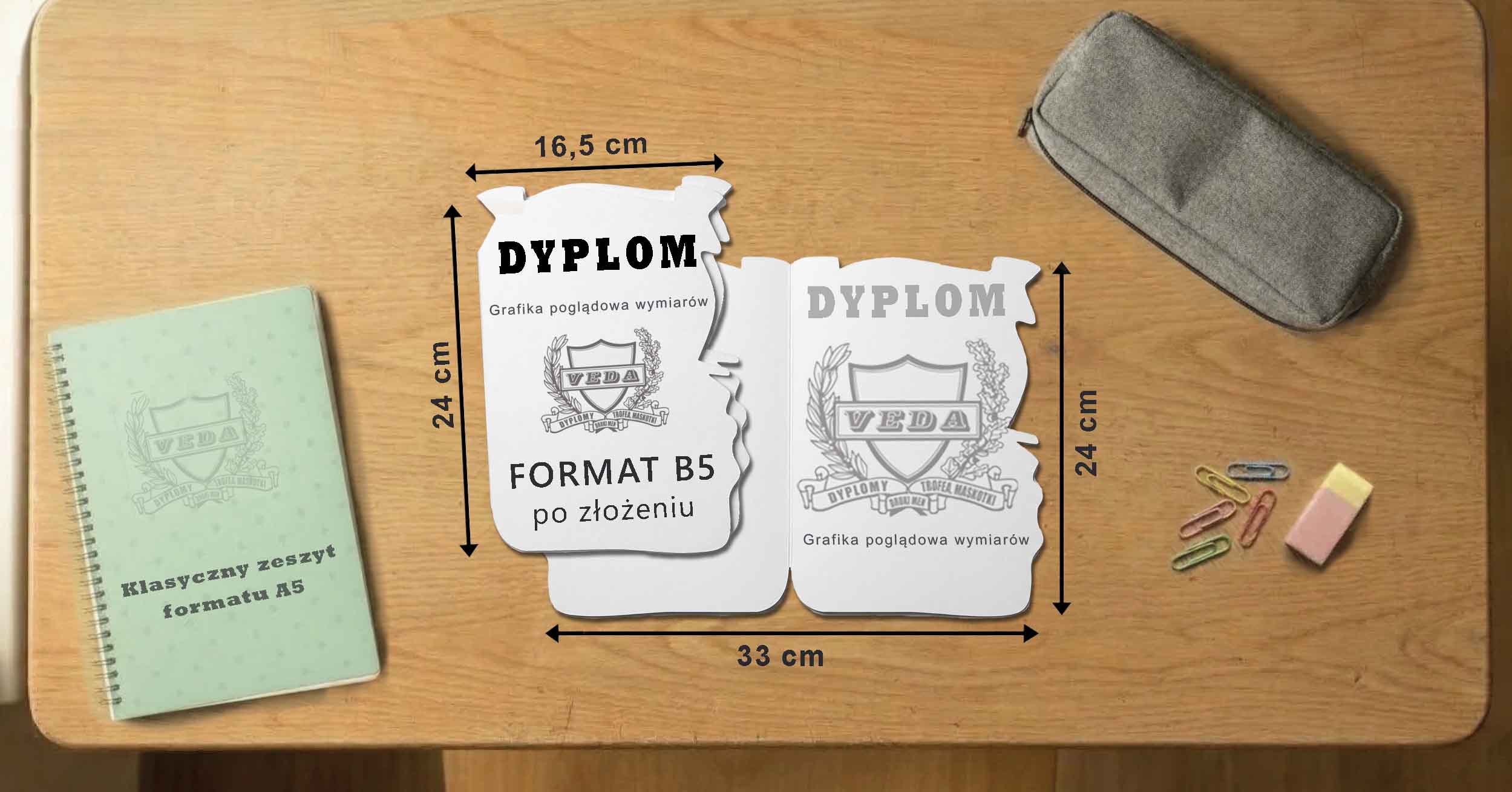 Poglądowe wymiary formatu B5 po złożeniu dla dyplomów przedszkolnych