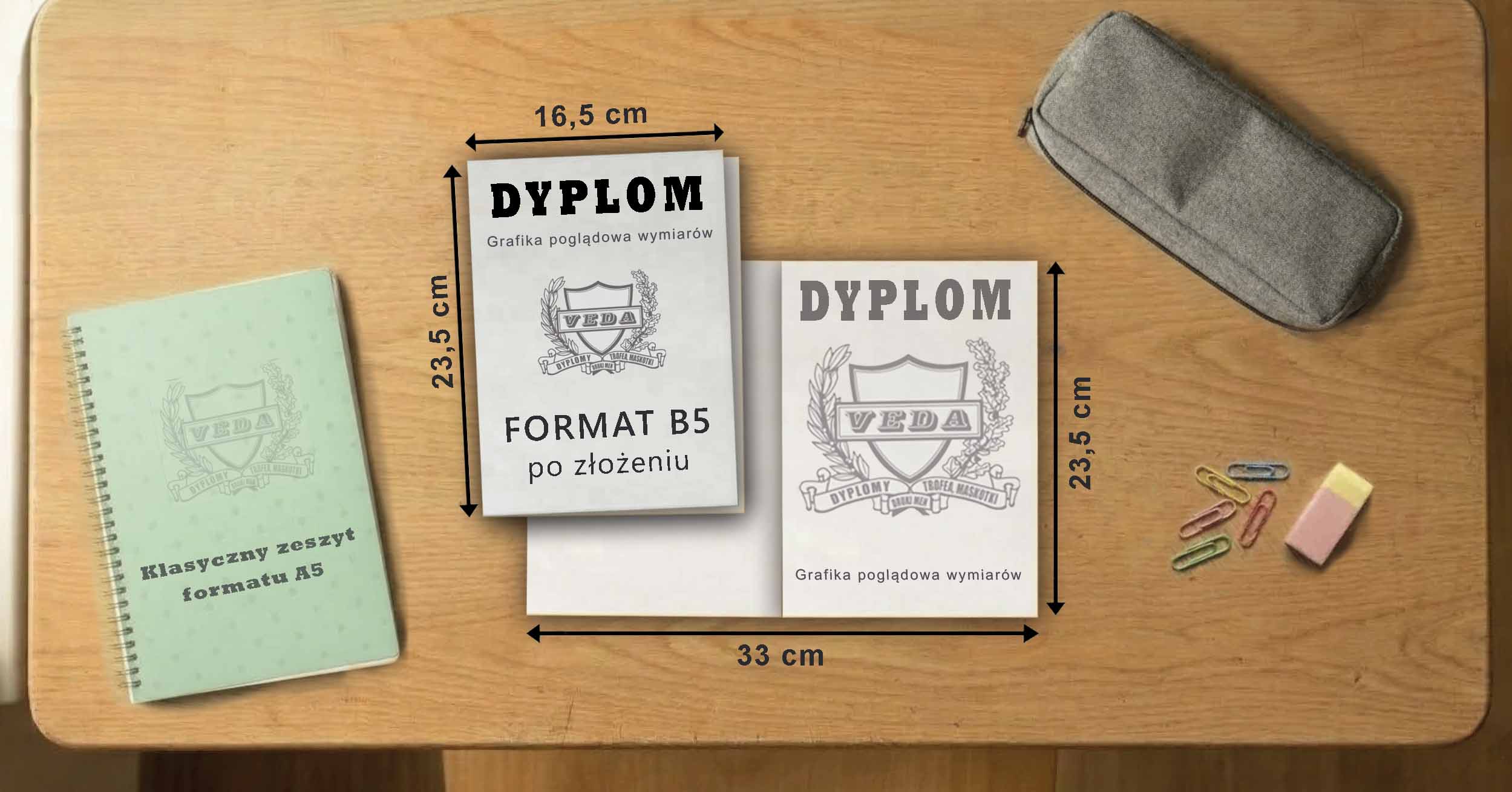Wymiary dyplomu B5 po złożeniu - grafika poglądowa dla formatu szkolnego