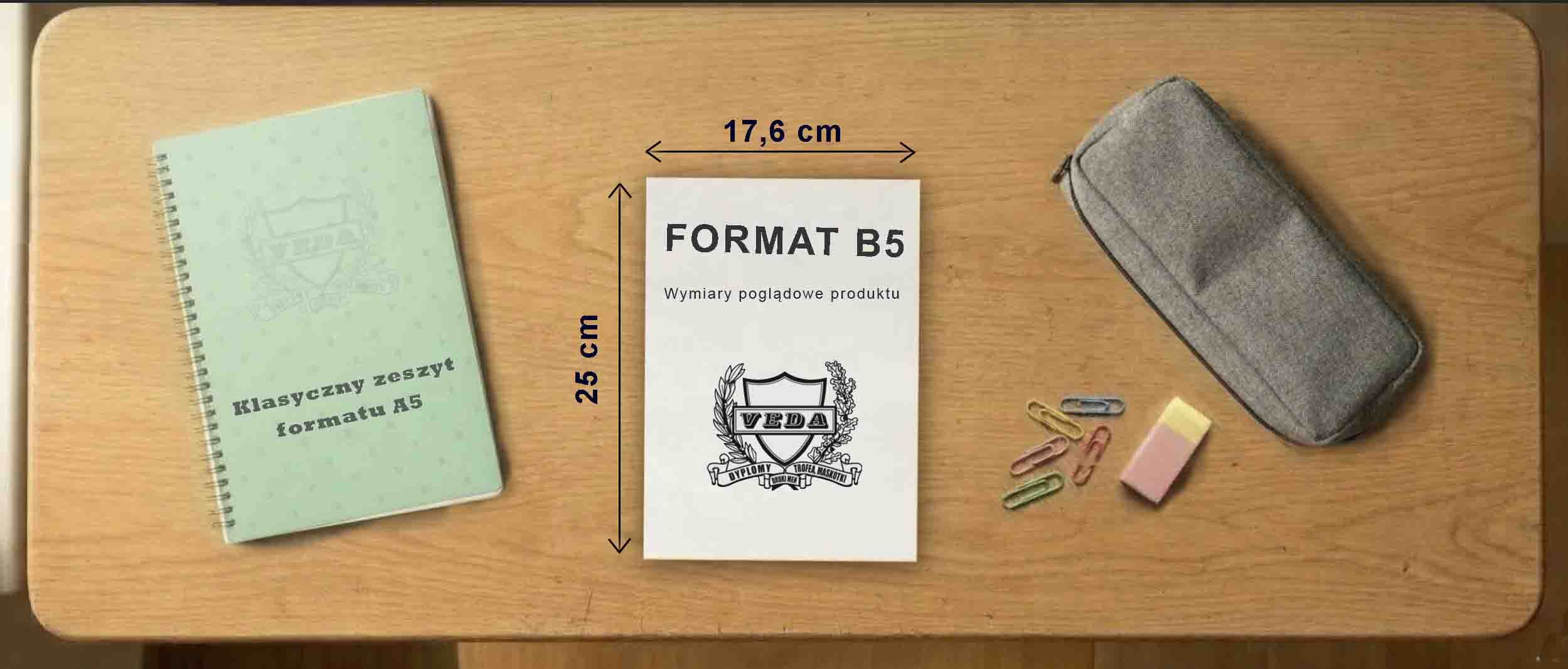 Grafika prezentująca szczegółowe wymiary i proporcje formatu B5 na przykładzie dyplomów